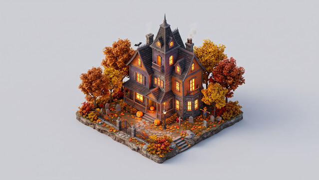 Isometric 3d haunted house diorama surrounded by autumn trees pumpkins and graveyard isolated on background