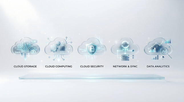 Digital cloud computing icons representing data storage and network security