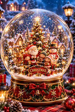 Magical Christmas Snow Globe with Santa Claus, Snowman, Reindeer, and Tree in Winter Scene