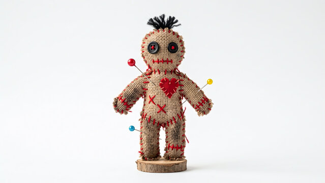 Handmade burlap voodoo doll with red heart and colorful pins isolated on white background