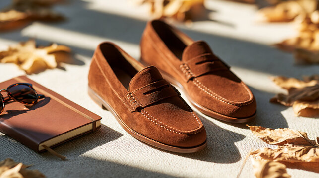 Chestnut suede loafers and a leather-bound notebook styled on bright clean abstract autumn background, soft natural light, elegant old money fashion composition, seasonal accessory