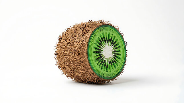 A creative paper craft sculpture of a halved kiwi fruit featuring a textured brown paper exterior and a vibrant green paper interior, isolated