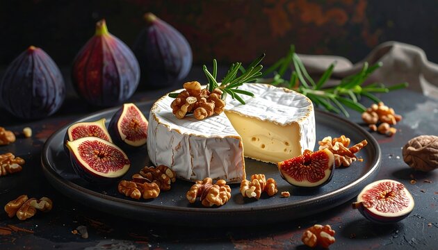 Macro close-up shot of a wheel of soft white brie cheese garnished with walnuts accompanied by fresh purple figs on a dark platter, commercial gourmet food advertisement banner layout with copy space