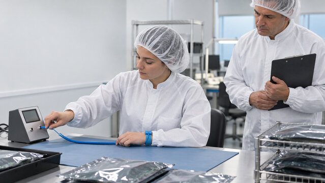 Technician verifies electrostatic wrist strap safety in cleanroom