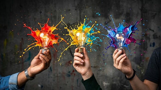 Three hands holding light bulbs with colorful paint splashes representing creative ideas and innovation on dark wall