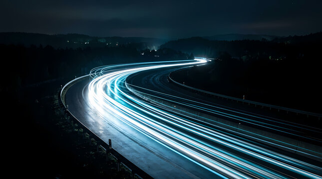Fast futuristic train on curved track with light trails at night