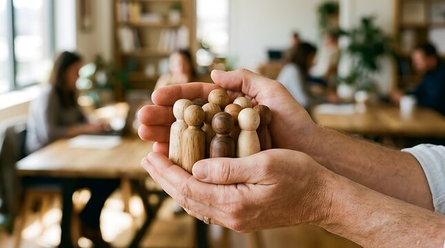 Hands holding a group of small wooden people figures representing team diversity and human resources in an office