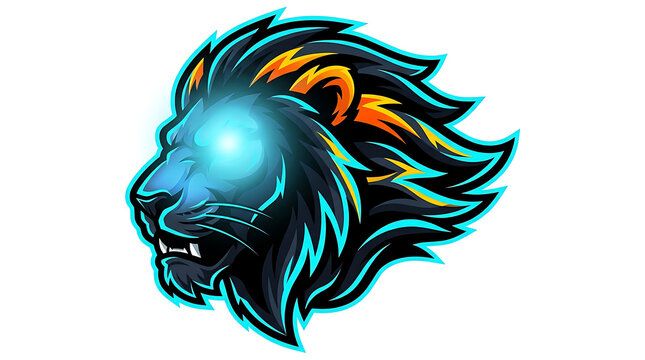 Glowing neon blue lion head emblem against a white background with blue light