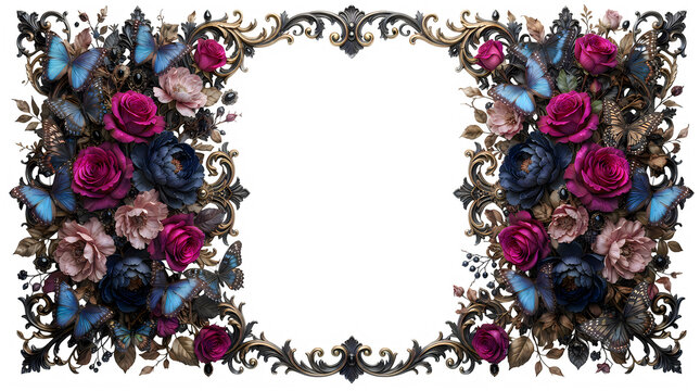 Beautiful decorative frame made of colorful flowers and blue butterflies