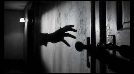 Fototapeta premium Mysterious hand reaching toward closed door in dimly lit hallway black and white photography