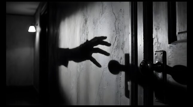 Mysterious hand reaching toward closed door in dimly lit hallway black and white photography