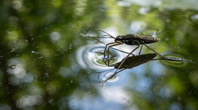 Water strider insect walking on reflective greenish water surface macro photography