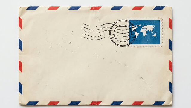 Vintage Airmail Envelope with World Map Postage Stamp and Postmark