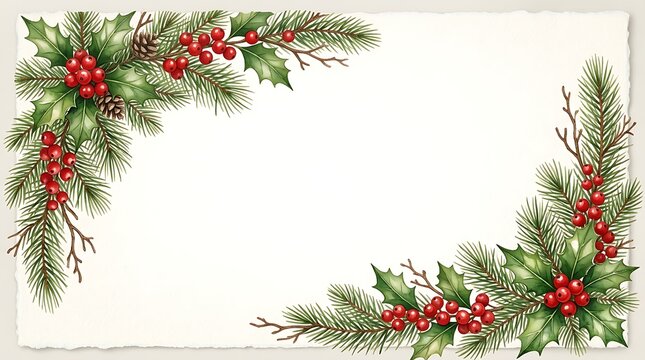Watercolor christmas corner frame with holly leaves and pine branches