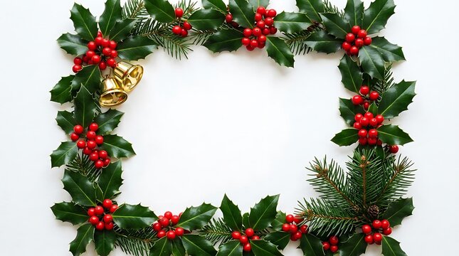 Christmas frame made of holly berries and golden bells on white background