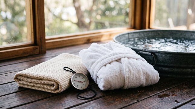 Cold therapy recovery gear preparation with ice bath thermometer and robe representing wellness and biohacking