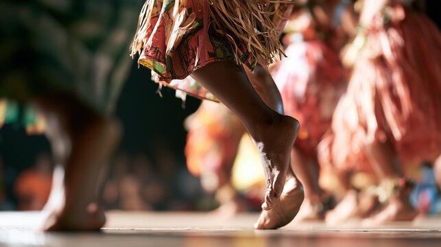 Close up view of traditional dancers performing an energetic Hura Tapairu dance movement on stage with rhythm and vibrant cultural costumes at night