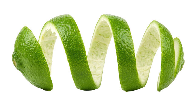 Fresh green lime peel spiral isolated on black background, PNG image