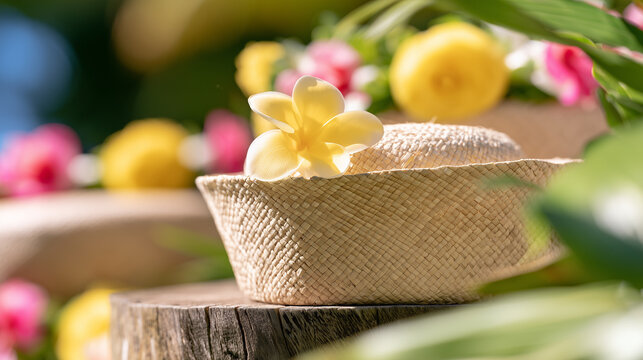 A beautiful tropical composition featuring a traditional Hura Tapairu straw hat adorned with delicate white plumeria flowers on a rustic wooden base