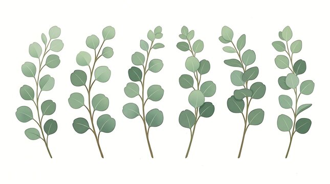 Set of six hand drawn watercolor eucalyptus branches with round leaves for floral design and nature decorations
