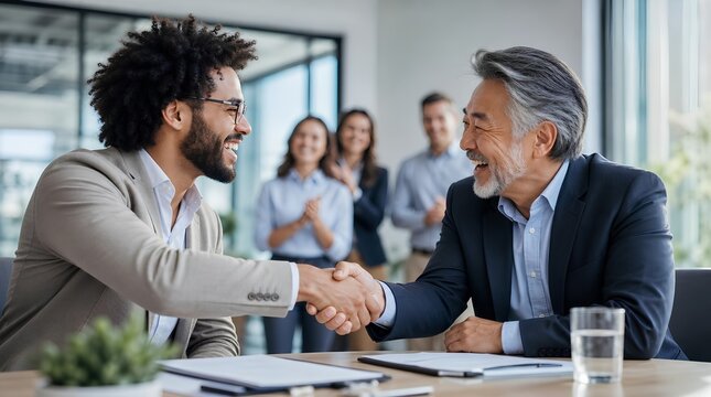 Happy multiethnic business partners of different ages shaking hands across bright modern office desk, laughing and smiling while diverse colleagues applaud successful agreement in background