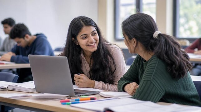 Smiling Indian female university student with long dark hair leaning toward classmate while collaborating on laptop during classroom lesson, modern school setting