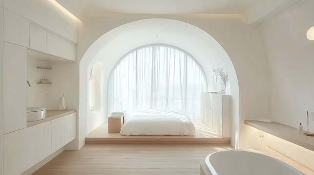 Minimalist bedroom with arched window and bathtub