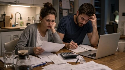 Fototapeta premium Worried young couple reviewing bills and financial documents at home kitchen table with laptop, calculator, and coffee in dim evening light