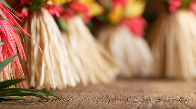 Vibrant Hura Tapairu dance skirts crafted from natural raffia fibers arranged on a rustic wooden floor for a traditional Polynesian cultural performance background