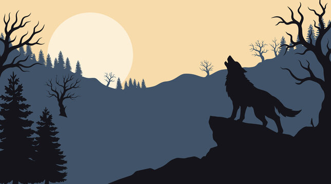 A hauntingly beautiful halloween vector illustration depicting a lone wolf howling at a massive glowing full moon amidst a dark silhouetted forest landscape