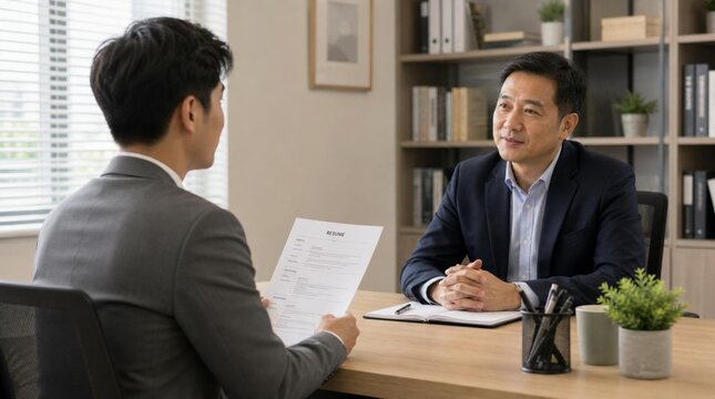 Young male job applicant in gray suit presenting printed resume to attentive middle-aged Asian HR manager during office interview across wooden desk with notebook plant and pen holder