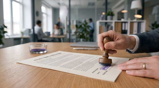 Professional hand stamping an official document on a wooden desk