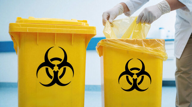 Medical worker in gloves disposes of biohazard waste in yellow bin. Clinical disposal containers with biohazard symbol for safe healthcare waste management.