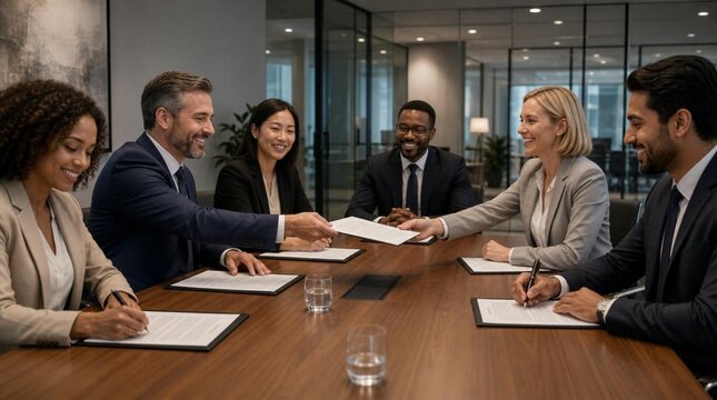 Diverse group of smiling businesspeople in professional attire sitting around a long wooden boardroom table, signing documents and collaborating during a corporate meeting in a modern office