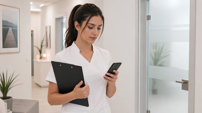 Focused female therapist in white uniform standing in modern clinic hallway, holding black clipboard and smartphone, reviewing patient information with concentration