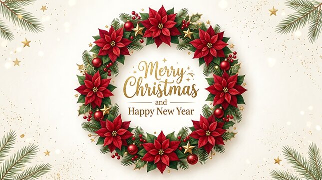 Beautiful Christmas wreath made of red poinsettia flowers and green pine branches with Merry Christmas text