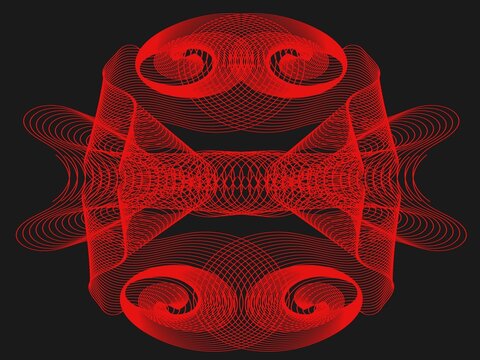 Abstract technology background with symmetrical neon red spirograph wireframe lines and copy space on dark backdrop