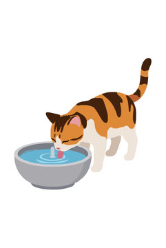 Vibrant Vector Icon Featuring a Cute Calico Cat with Striped Tail Drinking Water from a Gray Fountain Bowl, Ideal for Pet Care, Animal Lover, and Veterinary Graphic Design Projects