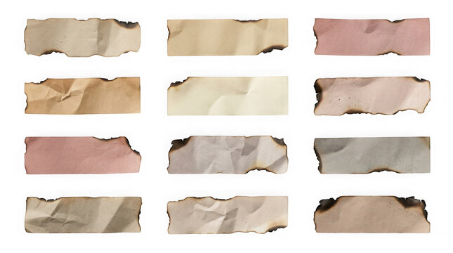 Set of burnt and torn paper strips isolated on transparent background