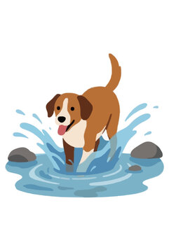 Cute beagle dog splashing playfully through a shallow stream with blue water splashes and rocks vector illustration icon - professional high resolution commercial stock detailed commercial stock