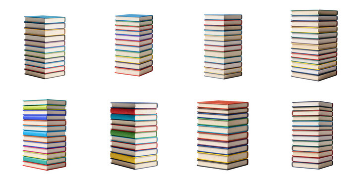 Eight stacks of colorful books stand tall against a stark black backdrop