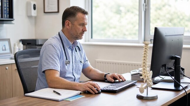 Focused male general practitioner in short-sleeved medical scrubs typing at a desktop computer in a tidy clinic office with paperwork, anatomical spine model and natural window light