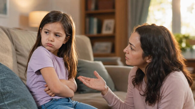 Sulky young girl sitting on sofa edge with crossed arms, pouting while her mother talks and gestures in a warm, tidy living room