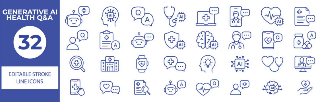 32 Generative AI Healthcare Q&A Vector Outline Icons Set,Artificial Intelligence, Medical Chatbot, Telemedicine and Health Technology Line Symbols Collection