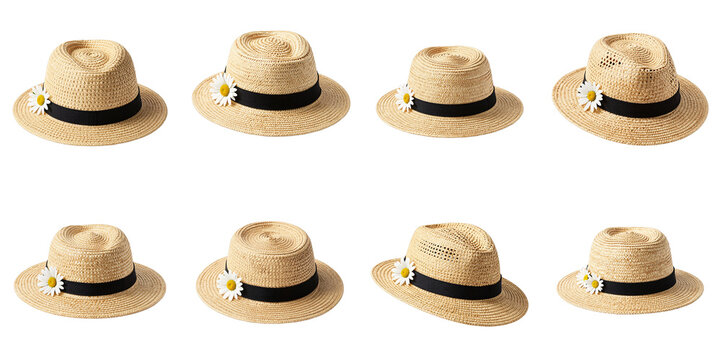 Collection of straw boater hats with daisies and black ribbon for summer on black background