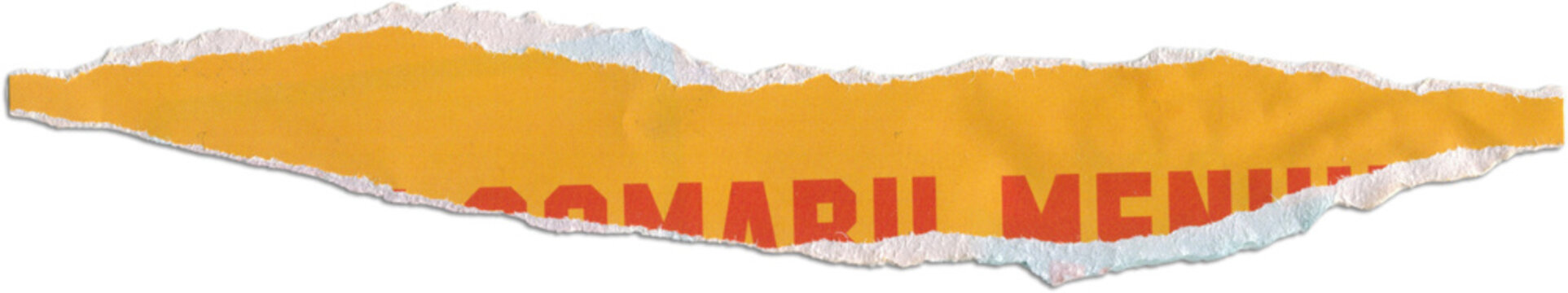 Newspaper Torn Paper Piece Yellow Strip with Text, Cut Out Design Element for Scrapbook or Craft, Retro Letterpress with Business Typography Isolated on Transparent Backdrop