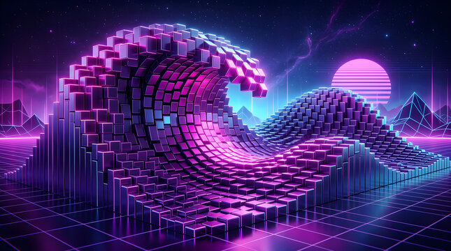 Pixelated wave crashing on digital beach with neon sunset for abstract concept.