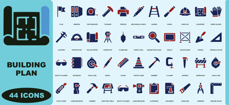 Collection of forty four building plan in blue and red colors on a light blue background