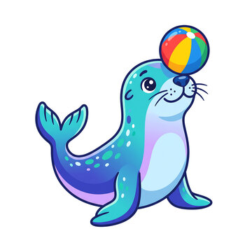 Cute cartoon seal balancing a colorful beach ball on its nose isolated on white