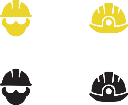 Construction worker and hard hat icon set with safety helmet, miner light, protective gear, and engineer head symbol in yellow and black flat styles.